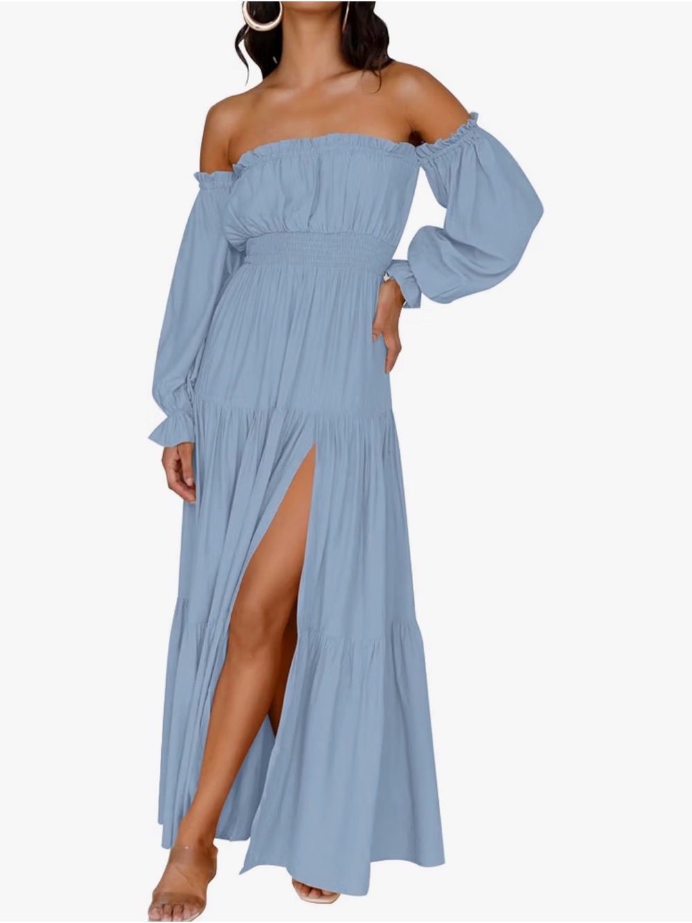 Off-Shoulder Smocked Maxi Dress in Light Blue